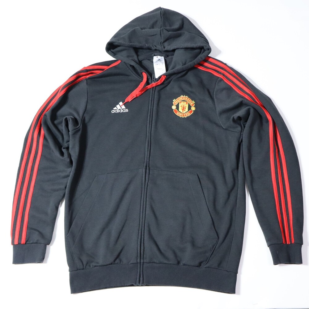 Adidas Man United Hoodie Mens L Black Red 3-Stripe Soccer Full Zip Sweatshirt